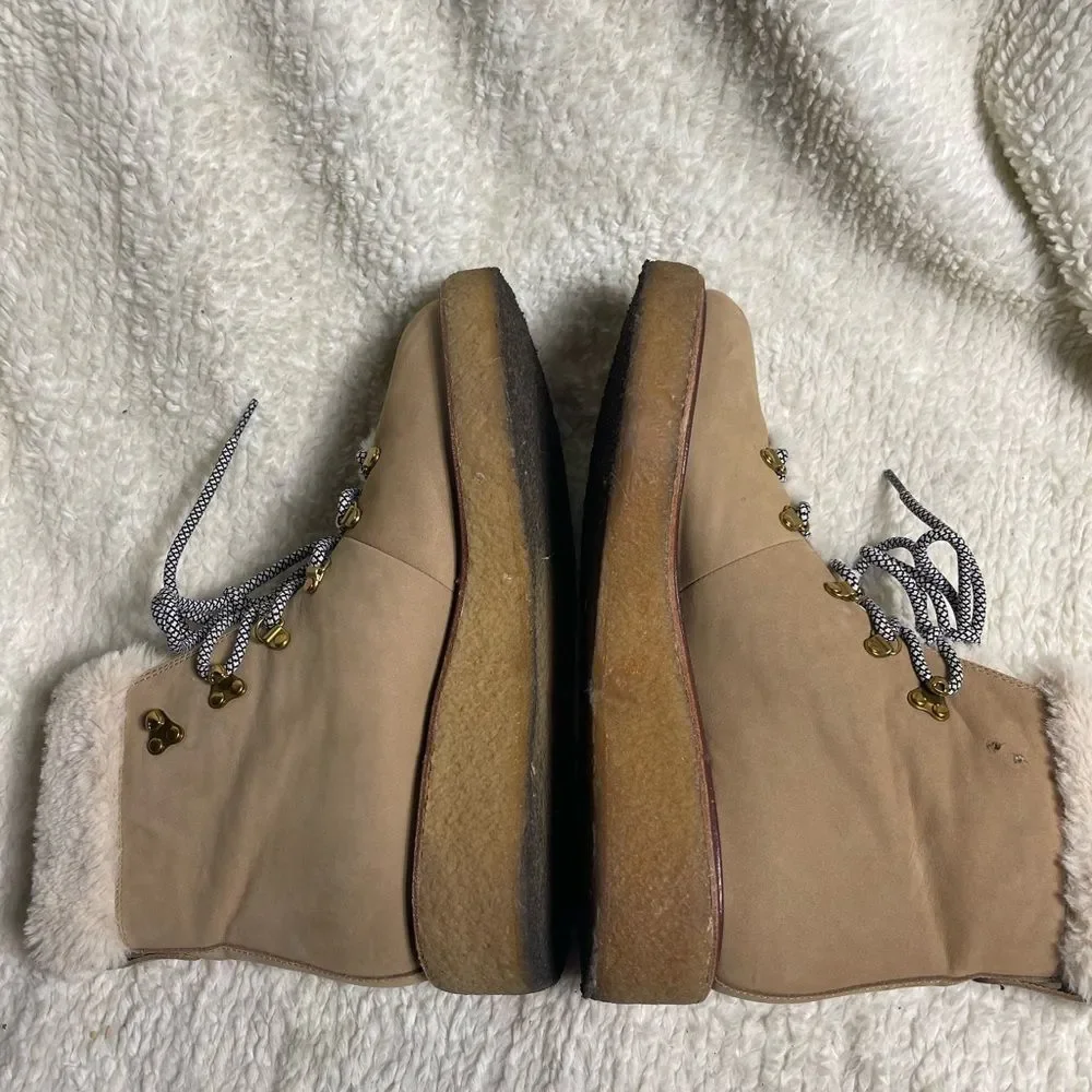 J Crew Wedged Synthetic Nubuck Khaki lace up boots Faux fur lining SZ10